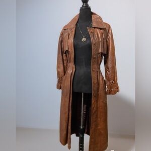 Vintage Genuine Leather Trench Coat–Rich Brown/Cognac, Long, Tailored Fit 80-90’